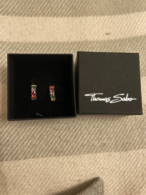  Ny Färggladalrhönger från Thomas Sabo  - Ett  par färgglada örhängen från Thomas Sabo i en svart ask. Örhängena har stenar i olika färger som grönt, blått, lila, rött och orange. Jag köpte för 1399 kr 