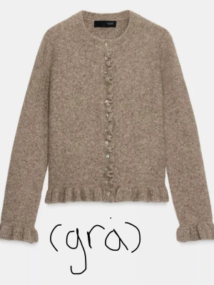 Grå kofta med volangkant  - Superfin grå kofta från Zara med volangdetaljer vid nederkant och ärmslut. Mjuk stickad, andvänd några gånger men inte många. Är 165 och den sitter bra på mig 🥰nypris 385