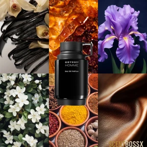Odyssey Homme Eau de Parfum 15ml - Stilren parfym med svart flaska. Ingredienser som vanilj, iris, jasmin, kryddor, läder och amber syns på bilderna. Perfekt för dig som vill sticka ut med en modern och djärv doftprofil. 5ml av vardera totalt 15ml! för 180kr