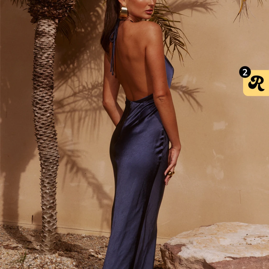 Marinblå långklänning i satin - 1