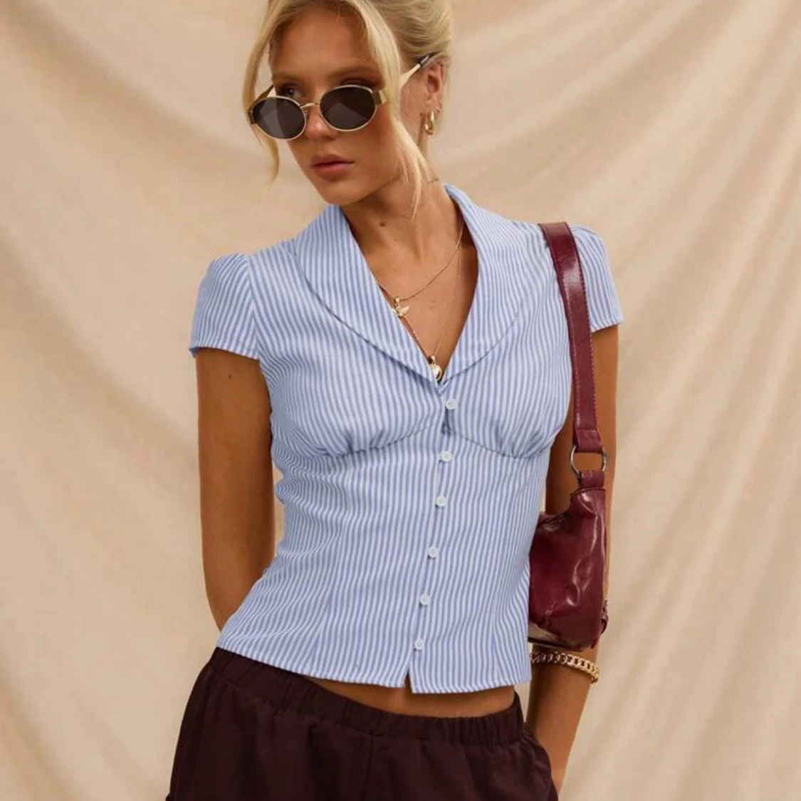 Blå vit blus topp  - 1