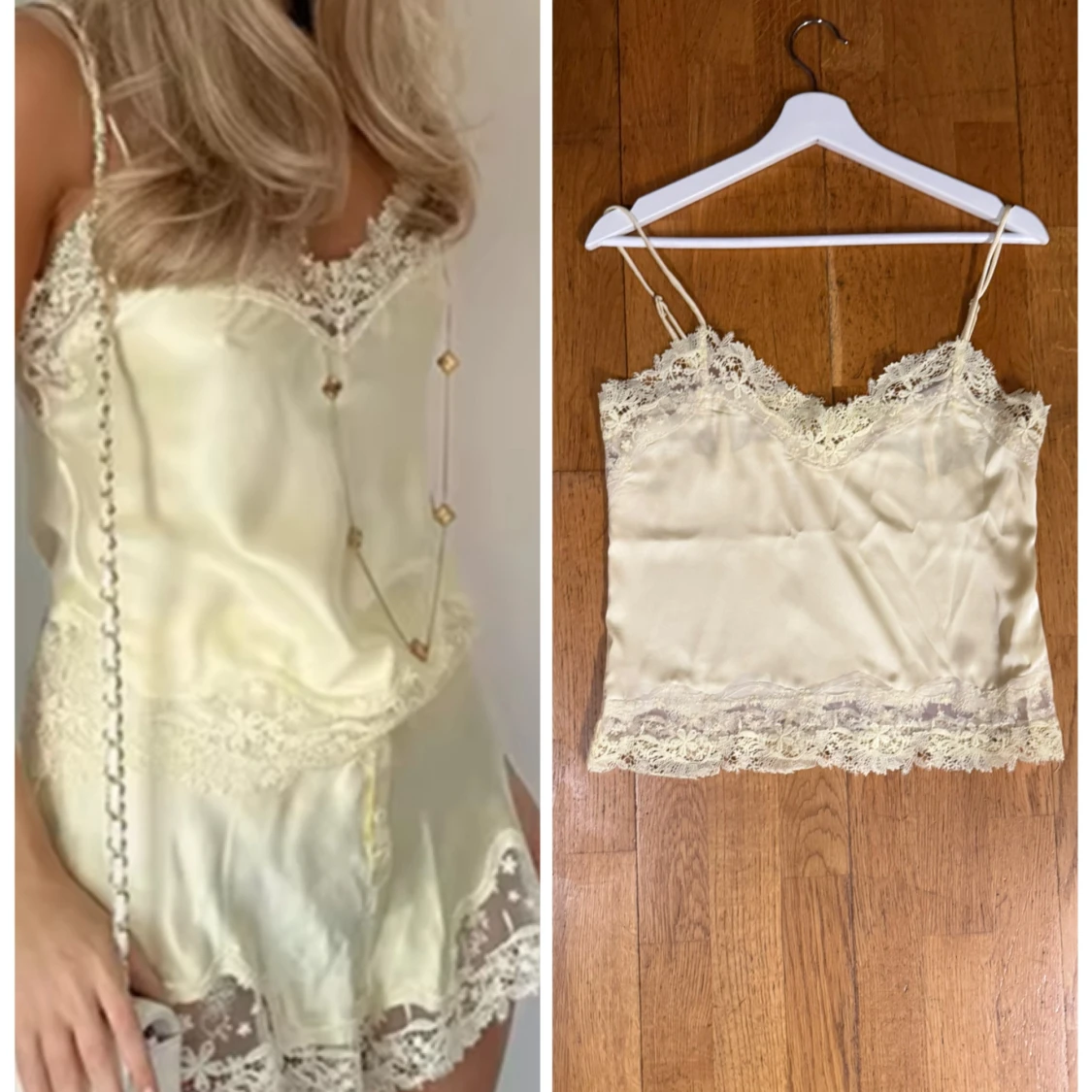 Champagnefärgad spetslinne i satin XS-S