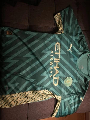 Manchester City målvaktströja Puma - Snygg Manchester City målvaktströja i turkos med zigzag-mönster och guldfärgade detaljer. Tryck med Etihad Airways och klubbmärke fram, samt Ederson M. och nummer 31 bak. Tillverkad i lätt och ventilerande material, perfekt för fotbollsträning eller match.