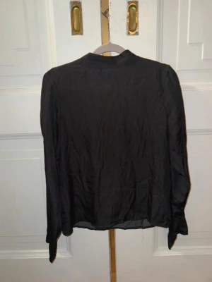 Svart transparent blus med lång ärm - Stilren svart blus i transparent material med lång ärm och rak passform. Perfekt att matcha med olika underdelar för en trendig look. Tunn och luftig, med en öppen del i ryggen med knäppe