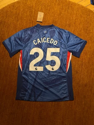 Chelsea Nike fotbollströja Caicedo - Chelsea hemmatröja från Nike med Caicedo och nummer 25 på ryggen. Tröjan är blå med vita och röda detaljer, tillverkad i Dri-FIT polyester för bästa komfort. Klassisk Chelsea-logga och Nike Swoosh på bröstet. Perfekt för dig som älskar fotboll och vill stötta ditt lag.