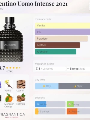 Valentino Uomo Intense  - Valentino Uomo Intense, 10ml sample. Det är en maskulin doft med framträdande noter av Iris, Läder, Vanilj, Tonkaböna, Mandarin och Salvia. Parfymen är känd för sin utmärkta hållbarhet på 8+ timmar och en stark sillage, vilket gör den idealisk att bäras på Nattid under Höst och Vinter. SentAndStyle ger dig priserna: [3ml, 48 kr], [5ml, 80 kr] och [10ml, 160 kr].  