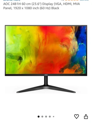 AOC 24B1H 23.6" Full HD Monitor - AOC 24B1H bildskärm med 24 tum skärmstorlek. Skärmen har en upplösning på 1920 x 1080 pixlar och en uppdateringsfrekvens på 60 Hz. Paneltypen är MVA och den har anslutningar för VGA och HDMI. Färgen på skärmen är svart. Den har inge ljud. På toppen av hörnet är det lite plast som har gått av. Annars köpte jag den 23 Augusti 2024 för jag fick ett eget rum