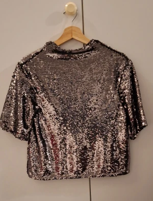 Glittrig silver paljettopp XS - Säljer en glittrig croppad topp från H&M i silver med paljetter över hela ytan. Toppen har korta ärmar och en rund halsringning. Perfekt för dig som vill sticka ut och glänsa på nästa fest! Materialet är polyester och toppen har en loose passform.