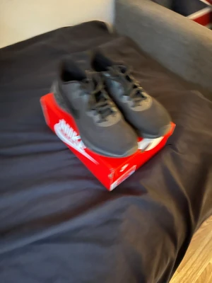 Svarta Nike sneakers strl 44 - Svarta Nike sneakers med mesh-ovandel och klassisk swoosh på sidan. Skorna har rund tå, platt sula och snörning. Perfekta för dig som gillar sportig stil och vill ha bekväma skor till träning eller vardags. Storlek EU 44. Pris kan diskuteras.