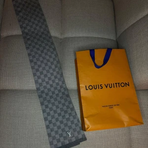 Grå Louis Vuitton halsduk - Säljer en grå väst från Louis Vuitton med klassiskt rutigt mönster och diskret LV-logga nedtill. Västen har en stilren design och är tillverkad i ett mjukt material som känns lyxigt. Perfekt för dig som vill ha en exklusiv touch på din outfit.