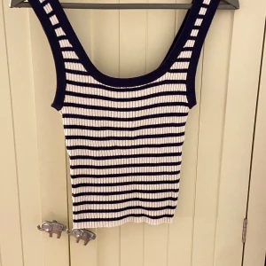 Randig ribbad linnetopp från H&M - Säljer en ribbad linnetopp från H&M Divided i storlek XXS. Toppen är vit med mörkblå horisontella ränder och har breda axelband samt rundad halsringning. Perfekt för en chill och stilren look.