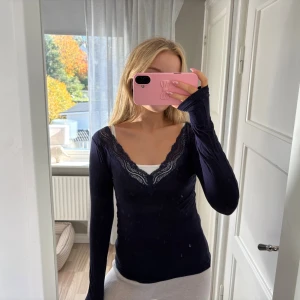 Mörkblå långärmad topp med spets - Säljer en mörkblå långärmad topp med v-ringad hals och dekorativ spetskant. Toppen är slim fit och har en feminin look med snygga detaljer vid halsen. Perfekt att styla med jeans eller kjol för en trendig vibe.