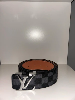 Rutig  bälte i skinn - Säljer ett snyggt bälte med klassiskt rutigt mönster i svart och grått. Bältet har en stor silverfärgad logga som spänne och är tillverkat i skinn med brunt insida. Perfekt accessoar för att lyfta din outfit. 