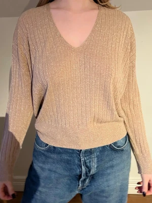Beige glittrig ribbad tröja v-ringad - Säljer en beige glittrig tröja med ribbad struktur och v-ringad hals. Tröjan har lång ärm och en loose passform som gör den skön och avslappnad. Materialet har en skimrande finish som ger extra stilpoäng. Perfekt att matcha med jeans eller kjol.