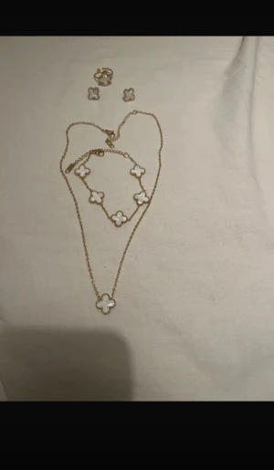 Smycken set - Säljer jättefint smycken set av halsband, armband, ring och örhängen i guldton med vita fyrklöverformade detaljer. Pris kan diskuteras! 