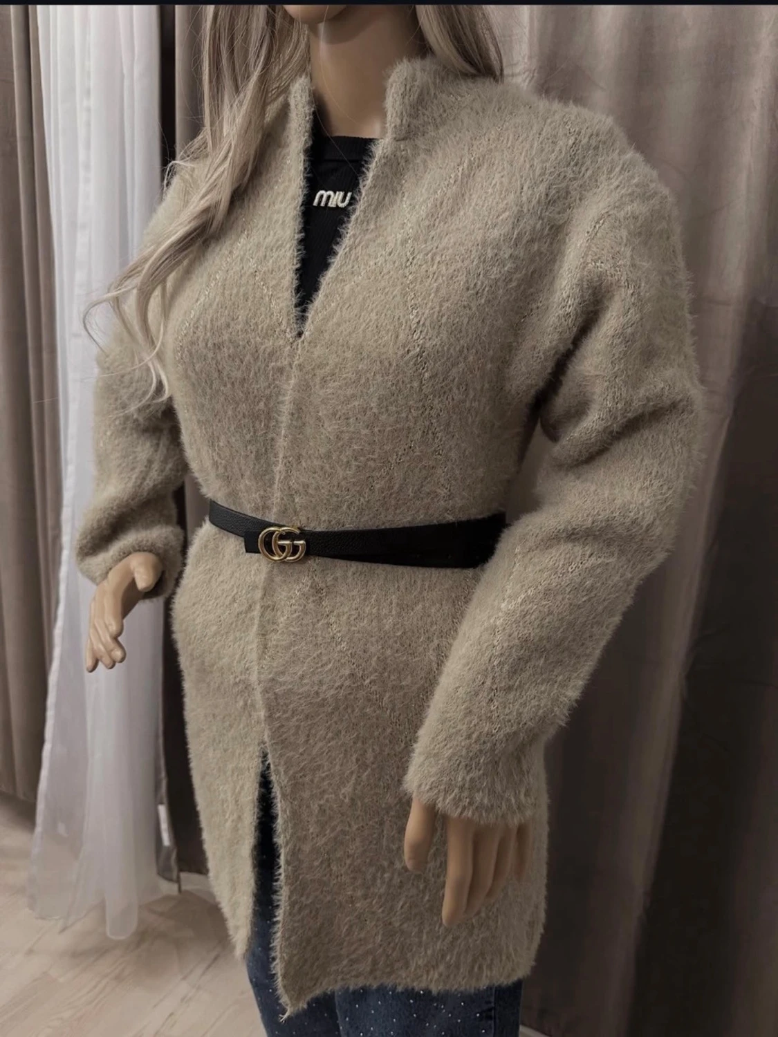 Beige fluffig cardigan jacka med bälte - 2