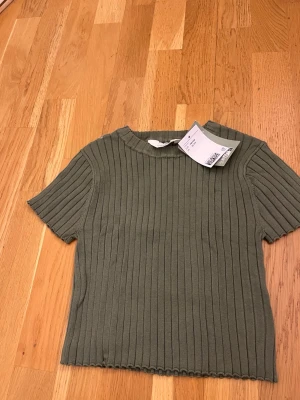 Olivgrön ribbad topp från H&M - Säljer en olivgrön ribbad topp från H&M med korta ärmar och rund hals. Toppen har en slim passform och är tillverkad i mjuk bomull. Perfekt att styla med jeans eller kjol för en chill look.