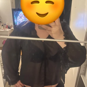 Svart transparent blus med volang - Säljer en svart transparent blus med långa ärmar och volangdetaljer vid ärmslut och axlar. Blusen har v-ringning och är lätt och luftig, perfekt för att skapa en cool och trendig look.