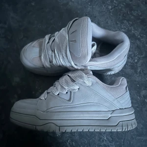 Berskha grå chunky sneakers med snörning - Säljer ett par grå chunky sneakers med bred sula och kraftiga snören. Riktigt fina och sköna skor, dock lite för små för mig! Finns inte så mycket att säga om de, riktigt chunky skor som är bra nu för vintern, priset kan också diskuteras på dessa!