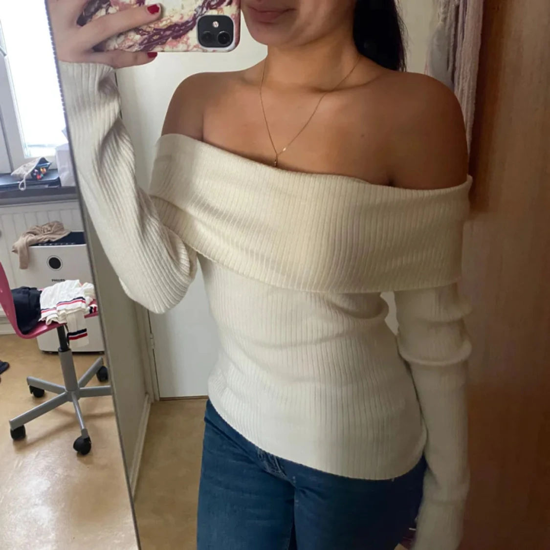 Offshoulder ribbad vit topp - 2