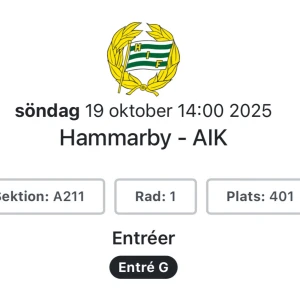 Aktiv sitt plats till Hammarby - AIK derbyt - Detta är en biljett till den heta fotbollsmatchen mellan Hammarby och AIK, som spelas söndag 19 oktober 2025 kl 14:00. Perfekt för dig som älskar spänning, stämning och fotbollsfest! Sektion A211, rad 1, plats 401. Missa inte Stockholmsderbyt!