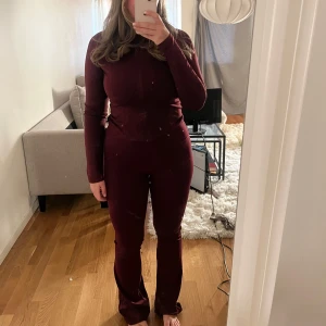 Vinrött träningsset - Säljer ett vinrött träningsset med byxor som har tight passform upptill och utsvängda ben. Tröjan är figursydd och sitter bra på. Väldigt sköna och bekväma! 