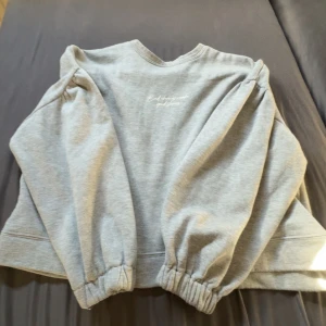 Grå sweatshirt med puffarm - Säljer en grå sweatshirt från Zink i storlek L. Tröjan har puffiga långärmar med resår vid handlederna och en avslappnad passform. Mjuk och skön bomullskänsla, perfekt för chill dagar. Diskret broderad text framtill.