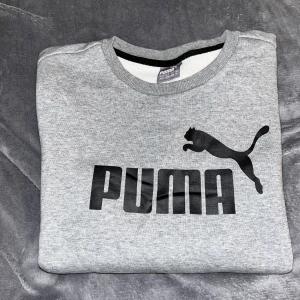 Grå sweatshirt från Puma - Snygg grå sweatshirt från Puma med svart logga och tryck framtill. Klassisk rund halsringning och långa ärmar. Mjuk och bekväm, perfekt för chill eller träning. Enkel stil som funkar till det mesta.