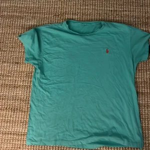 Turkos t-shirt från Ralph Lauren - Turkos t-shirt från Ralph Lauren med klassisk röd broderad logga på bröstet. T-shirten har rund halsringning och korta ärmar. Tillverkad i mjuk bomull för en skön känsla. Perfekt för dig som gillar stilrena och ikoniska plagg.