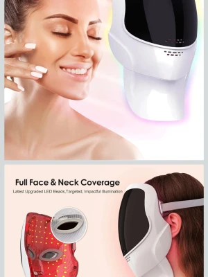 LED ansikts- och halsmask - Multifunktionell LED-mask för ansikte och hals med 7 olika ljusinställningar. Masken har högdensitets-LEDs och täcker hela ansiktet samt halsen. Vit utsida med svart visir och justerbart band. Perfekt för hudvård och behandling av olika hudproblem.