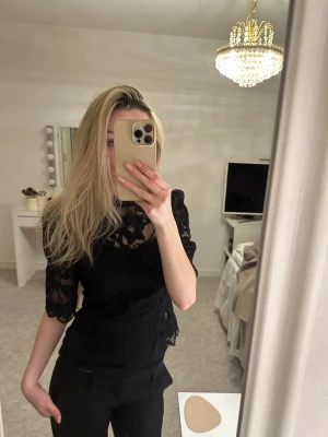 Svart spetsblus med halvtransparenta ärmar - Säljer en svart blus med vackra spetsdetaljer och halvtransparenta partier upptill och på ärmarna från H&M Edition. Blusen har korta ärmar och en figurnära passform.