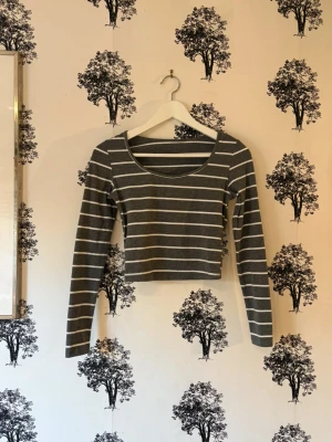Grå och vit randig croppad topp - Grå croppad topp med vita horisontella ränder och lång ärm. Toppen har en rundad urringning och är i ett mjukt, stretchigt material som känns bekvämt mot huden. Perfekt att styla med höga jeans eller kjol.