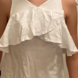 Vit volangtopp från Zara - Supersöt vit topp från Zara med breda axelband och volangdetalj framtill. Toppen har en v-ringad hals och är tillverkad i mjuk bomull, perfekt för en fräsch och trendig look. Enkel att matcha med både jeans och kjol. Helt oanvänd endast provad. Pris kan diskuteras