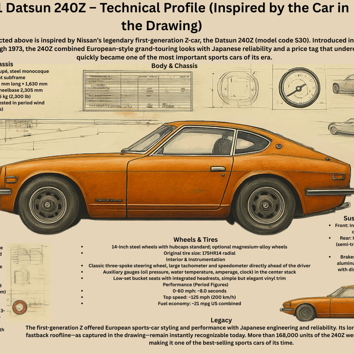 Poster A3 av Datsun 240Z – Technical Profile (Inspired by the Car in the Drawing)