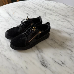 Svarta sneakers från Giuseppe Zanotti - Snygga svarta sneakers från Giuseppe Zanotti med lyxiga guldfärgade dragkedjor och logga på plösen. Skorna har en mix av mocka och skinn, snörning och platt sula. Perfekt för dig som gillar exklusiv streetstyle med detaljer som sticker ut.