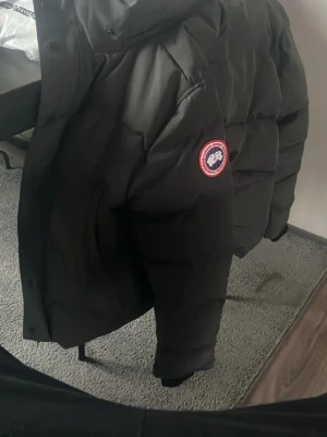 Grå pufferjacka från Canada Goose - Säljer en grå pufferjacka från Canada Goose med klassisk logotyp på ärmen. Jackan har huva, hög krage och knäppning med både dragkedja och knappar. Fylld med dun för extra värme och perfekt för kalla vinterdagar. Priset kan diskuteras passar både S och M.