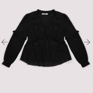 Svart volangblus från NA-KD - Supersnygg svart blus från NA-KD med v-ringning, volangdetaljer och långa puffiga ärmar. Blusen har en lätt struktur i tyget. Använt fåtal gånger.🩷Ordinariepris: 399kr