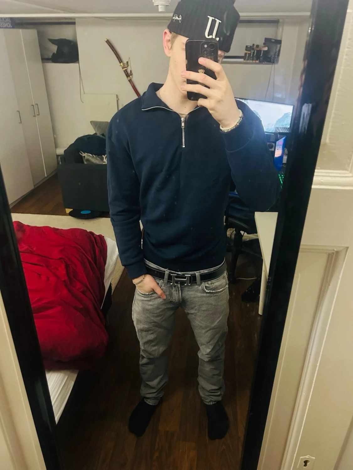 Mörkblå half zip sweatshirt