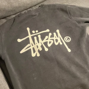 Stüssy tröja - Tröja Stüssy. Tror den är i stl M/S. Använd men kvar att ge. Sliten i ärmar se bild och nån liten fläck som förmodligen går bort i tvätten. Texten är lite sliten också. Lapparna är avklippta. Färgen är svart men lite smuts svart/ svart grå