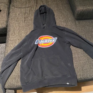 Svart hoodie från Dickies - Säljer en svart hoodie från Dickies med deras ikoniska logga i rött, gult och blått på bröstet. Tröjan har en klassisk känguruficka och en bekväm huva. Perfekt för en avslappnad stil. Hör av dig vid intresse!