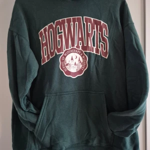 Grön Hogwarts hoodie - Säljer en grön hoodie med Hogwarts-tryck i vinrött och vitt. Tröjan har en klassisk passform med långa ärmar och en stor ficka framtill. Perfekt för alla Harry Potter-fans! 🧙‍♂️