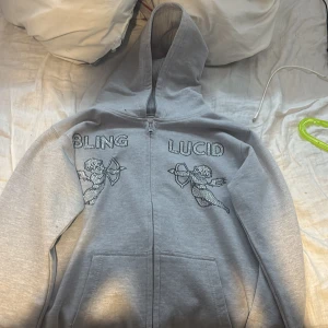 Grå hoodie från Bling Lucid - Säljer en grå hoodie från Bling Lucid med dragkedja och huva. Den har ett coolt tryck med texten 'BLING LUCID' och änglar på framsidan. Helt ny aldrig använd