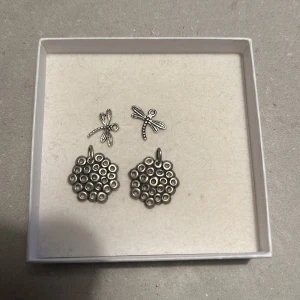 Söta silverörhängen med trollslända och bikakeform - Två par örhängen i silver. Ett par med små trollsländor och ett par med bikakeformade hängen. Perfekta för att ge en unik touch till din outfit. Passar både till vardag och fest! Hänge fattas