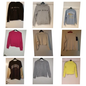 Samling av olika tröjor - Paketpris  - Här är en samling av olika tröjor i varierande färger och stilar. Det finns både hoodies och sweatshirts med tryck som 'Friends' och 'Cornell', samt en neonfärgad croppad tröja. Perfekt för både vardag och avslappnade tillfällen. Varierat skick. Vissa är endast provade.