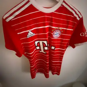 Säljer en snygg röd Bayern München fotbollströja från Adidas. Tröjan har vita ränder och klubbens emblem på bröstet. Den är kortärmad och har sponsorloggor på framsidan och ärmarna. Perfekt för alla Bayern-fans!