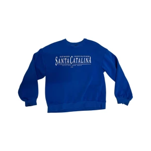 Blå sweatshirt med tryck - Säljer en cool blå sweatshirt med tryck på framsidan. Tröjan har en avslappnad passform och är perfekt för både träning och vardag. Den är i bra skick och superbekväm att ha på sig. Perfekt för höst och vår!