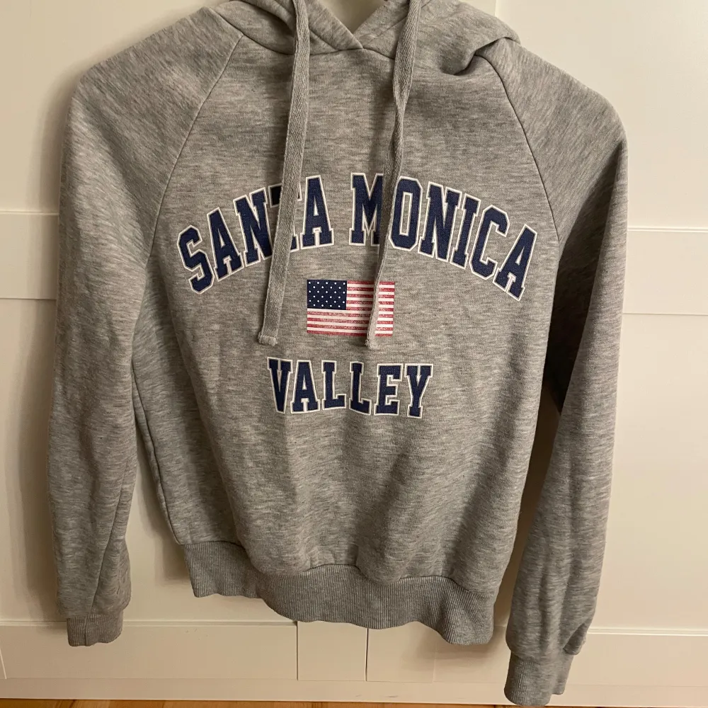 Grå hoodie från Gina Tricot i storleken xxs med texten 'Santa Monica Valley' och en amerikansk flagga på framsidan. Perfekt för en avslappnad stil. Den är dock lite nopprig som man kan se på en av bilderna men inget man tänker på.❤️Hör av er om ni har några frågor❤️. Hoodies.