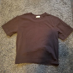 Brun kortärmad t-shirt - Säljer en enkel och stilren brun t-shirt i bomull. Den har en normal passform och korta ärmar, perfekt för vardagsbruk. Den är i en liten kortare modell. Storlek S, använd nån enstaka gång. Passar till allt och är superbekväm!