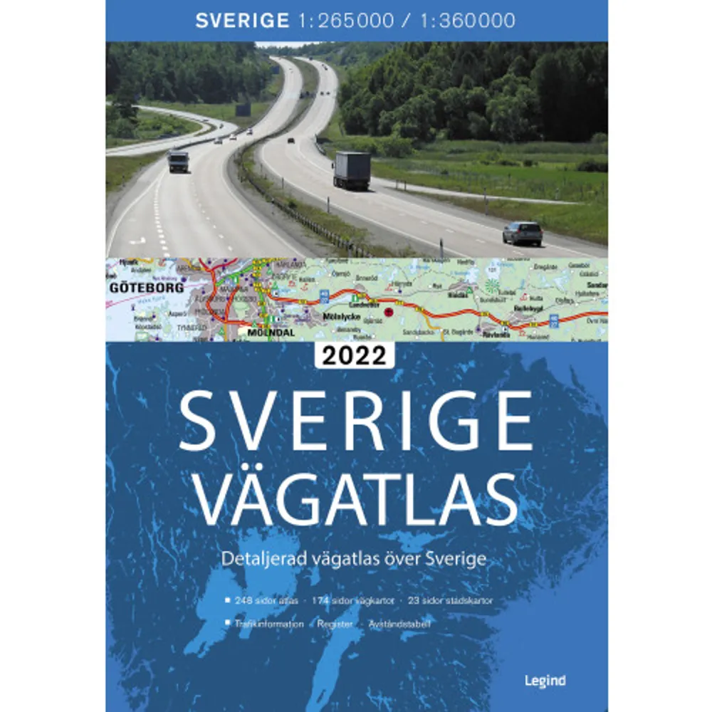 Sveriges bästa vägatlas! Ny reviderad och uppdaterad 2022 utgåva av Leginds Vägatlas med tydliga lättlästa och uppdaterade kartor i riktigt bra skala. En modern vägatlas i vacker blå flexbandutgåva med mjuka smutståliga pärmar och slitstarkt papper som ger en vägatlas som är hållbar och praktisk i bruk. Alla kartor innehåller tydlig och relevant information om sevärdheter som slott, kyrkor, ruiner, golfbanor, skidområden, utsiktspunkter och mycket annat du kan se när du är på väg, förutom praktisk information om rastplatser, avfartsnummer, turistinformation, camping med mera.• 174 sidor med lättlästa vägkartor över hela Sverige i skala 1: 280 000 och 1: 375 000• Information om rastplatser, sevärdheter, utsiktspunkter, färjeförbindelser etc.• Bra översiktskartor • 23 sidor med stora och tydliga stadskartor• Avståndstabell• Omfattande register• Detaljerad trafikinformation    Format Flexband   Omfång 249 sidor   Språk Svenska   Förlag Legind A/S   Utgivningsdatum 2022-01-07   ISBN 9788775371068  . Böcker.