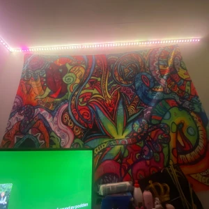 Färgglad väggbonad med psykedeliskt mönster - Säljer en supercool och färgglad väggbonad med ett psykedeliskt mönster. Perfekt för att liva upp vilket rum som helst! Den har starka färger som röd, grön, blå och gul, och är lätt att hänga upp med de medföljande klämmorna. Passar perfekt för en bohemisk eller retro inredningsstil.